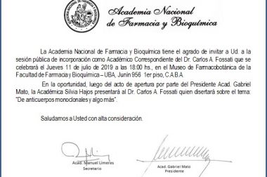 Incorporación como Académico correspondiente del Dr. Carlos Alberto Fossati a la Academia Nacional de Farmacia y Bioquímica